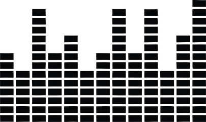 Black and white graphic of a digital audio equalizer display with varying bar heights representing sound frequencies.