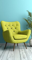 A vibrant lime green armchair sits against a soft teal wall, accented by a stylish houseplant and light wooden flooring.