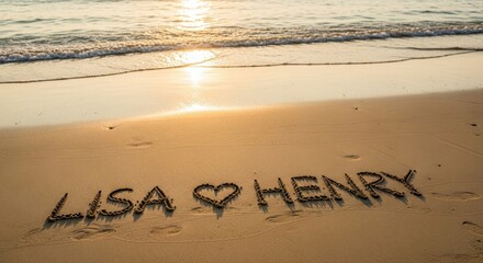 Fototapeta premium Romantic Message in Sand on Beach Lisa and Henry