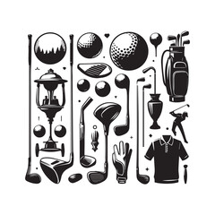 Collection of black and white golf equipment and accessories arranged in a collage on a white background Keywords: golf, sport, equipment, clubs, balls, bag, tee, glove, shirt, shoes, trophy, lamp