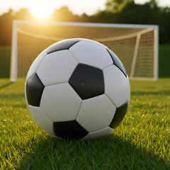 Fototapeta premium Classic Soccer Ball on Green Grass Field with Goal Net and Golden Sunset Light
