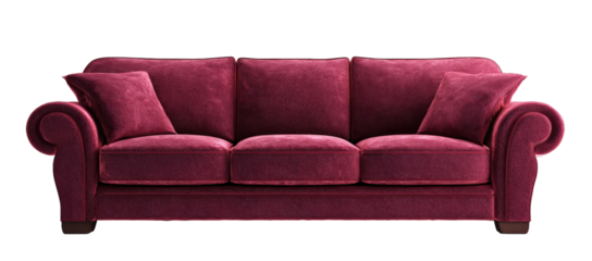 Deep maroon velvet sofa with sculpted arms