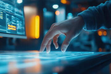 Hand using futuristic touch screen table interface, modern technology, blue neon light, innovation, interactive digital surface, smart workspace

