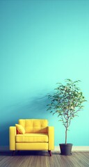 A vibrant yellow armchair sits against a light teal wall, complemented by a small potted plant, in a serene and stylish interior.