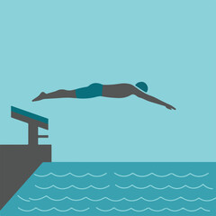 Swimmer dives from the gray platform into blue wavy water against azure backdrop