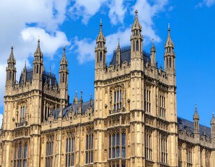 Fototapeta premium Ornate, golden-hued stone building, Gothic architectural style, detailed spires against a bright blue sky