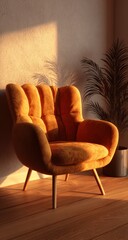 Warm sunlight streams into a room, illuminating a stylish mustard-yellow armchair on a wooden floor.