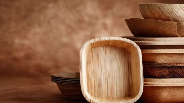 Collection of Light Brown Palm Leaf Plates and Bowls on Brown Background