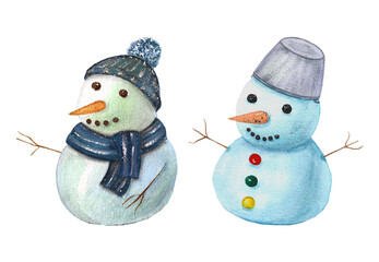 set of watercolor illustrations with cute little snowmen, drawing for postcards, dishes, and textiles
