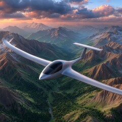 Gliding effortlessly above majestic mountains at sunset in a sleek, modern aircraft
