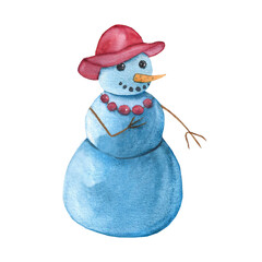 a female snowman wearing a red hat and beads, watercolor illustration for Christmas cards, textiles, and dishes