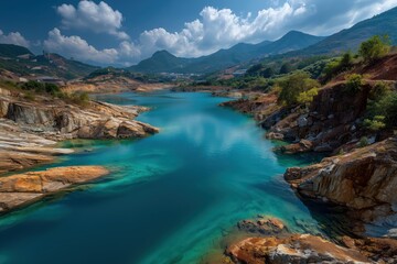 Fototapeta premium Vibrant Turquoise Lake Nestled Among Rocky Hillsides Under a Cloudy Sky