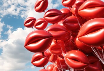 Vibrant red balloons shaped like lips against a blue sky