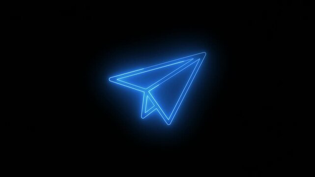 Glowing blue neon paper airplane on a black background