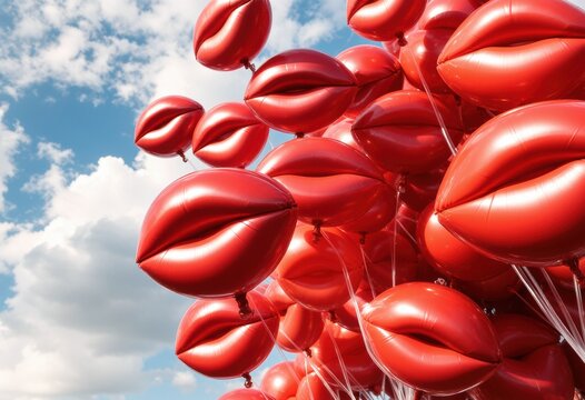 Vibrant red balloons shaped like lips against a blue sky