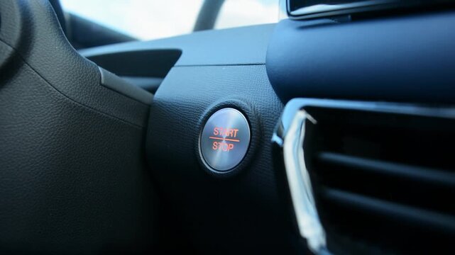 Step-by-step car start with push button, switching modes from accessory to ignition, modern alternative to traditional key.