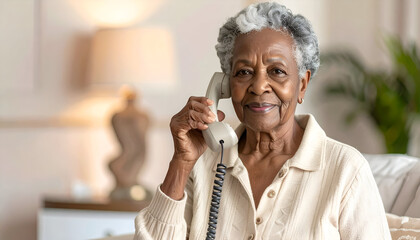 Elderly woman in living room, using traditional corded landline, homely atmosphere