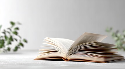 Obraz premium An open book with aged pages rests on a white surface, with blurred green foliage in the background, suggesting a serene and contemplative atmosphere