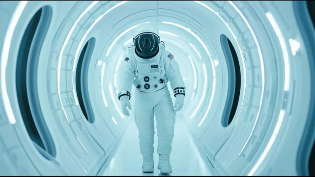 Astronaut wearing a spacesuit with an american flag patch walks through a futuristic, brightly lit corridor of a spaceship, suggesting exploration and adventure in space