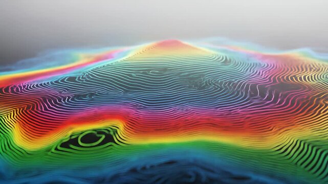 Abstract topographic map with colorful mountain elevation lines, data visualization background, geography and technology concept.