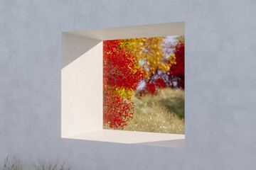 Abstract autumn scene with a podium for product display. 3d rendering