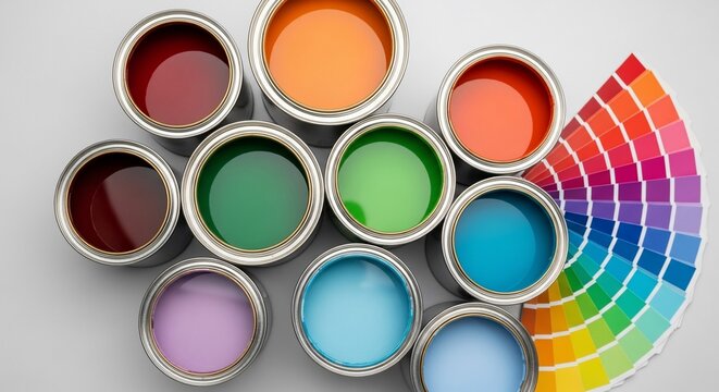 Overhead view of paint cans filled with various colors alongside a color swatch selection guide
