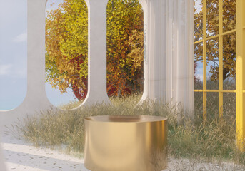 Abstract autumn scene with a podium for product display. 3d rendering
