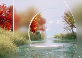 Abstract autumn scene with a podium for product display. 3d rendering