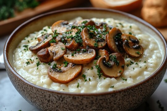Bowl of maso with mushrooms and parise.