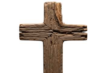 Rustic, weathered wooden cross with gnarled grain, splintered arm, extreme macro close-up on transparent with dramatic rim lighting, conveying history and resilience