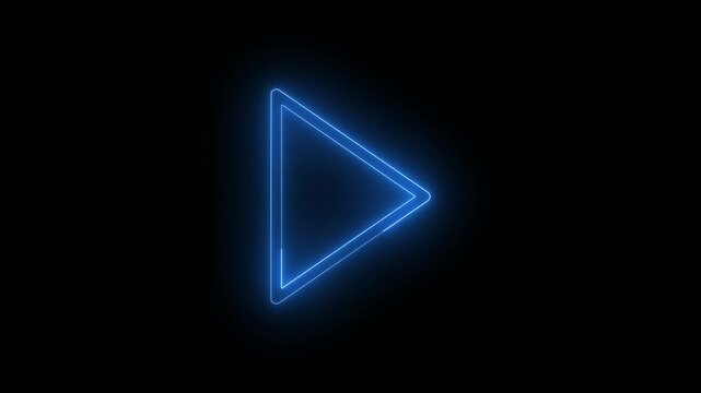 Glowing blue neon play button on a black background.