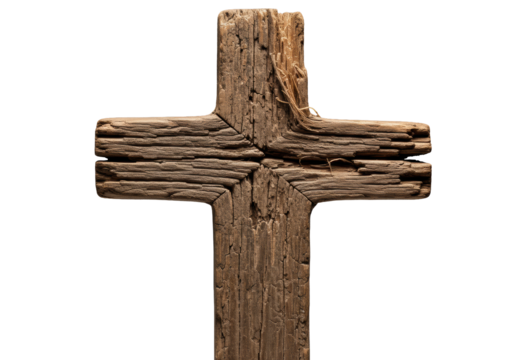 Rustic, weathered wooden cross with gnarled grain, splintered arm, extreme macro close-up on transparent with dramatic rim lighting, conveying history and resilience - Powered by Adobe