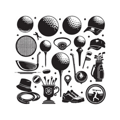 Comprehensive Set of Golfing Gear and Accessories in Silhouette Keywords: golf, sport, equipment, ball, club, tee, golf bag, golf shoes, hat, cap, belt, compass, stopwatch, trophy, cup, golfer