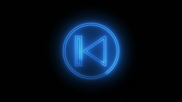 Glowing blue rewind button on black background