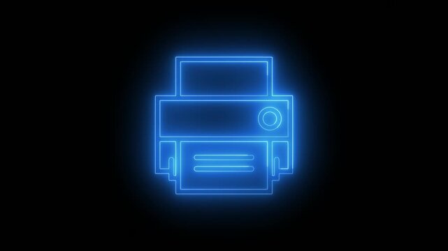 Glowing blue printer icon on a black background