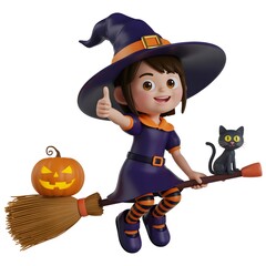 Cute Little Witch Flying on Broom with Pumpkin and Black Cat , Halloween 3D Illustration