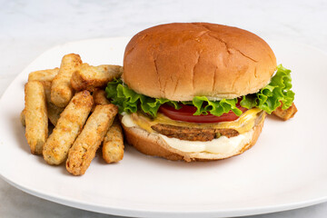 veggie cheese burger with broccoli fries