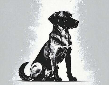 Monochrome illustration of a dog sitting, rendered in a detailed line art style against a textured grey background - Powered by Adobe