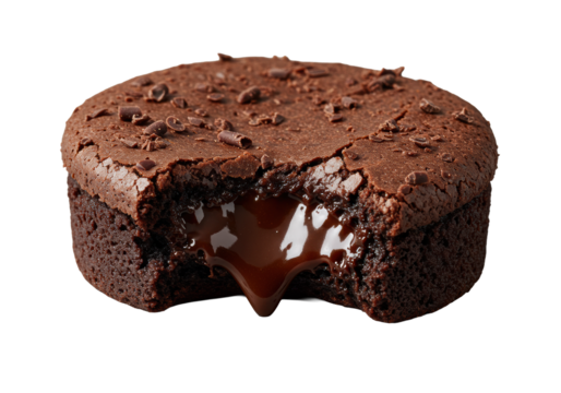 Intensely dark gourmet chocolate brownie with substantial bite revealing deep fudgy molten ganache, delicate crispy crust, powdered sugar, isolated on gray, concept of decadent dessert indulgence