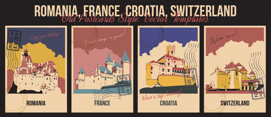Romania, France, Croatia, Switzerland Main Attractions Postcards. Chateau de Chillon Castle, Montreux, Transylvania Bran Castle, Castle of Puymartin, Trako&scaron;ćan Castle