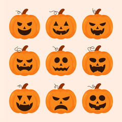 Set of nine cartoon jack-o-lanterns with various spooky and funny carved faces for Halloween decoration