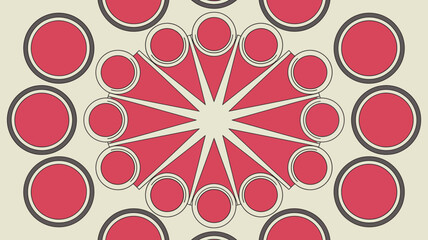 A geometric pattern featuring red circles and triangles arranged in a symmetrical radial design on beige