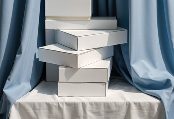 Stacked white boxes on a table with blue drapery background