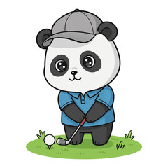 Cute panda wearing a cap and golf attire holding a club ball