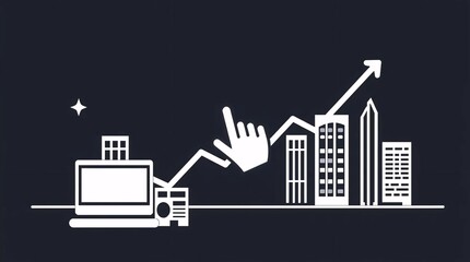 Obraz premium abstract hand cursor moving upward with business growth chart, digital success line and futuristic data background