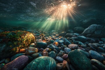 Sunbeams pierce the underwater world, illuminating a colorful collection of smooth stones.