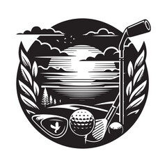 Golf emblem with a landscape scene featuring a golf club, golf ball, and laurel wreath on a white background Keywords: golf, sport, emblem, logo, badge, crest, golf club, golf ball, tee, landscape