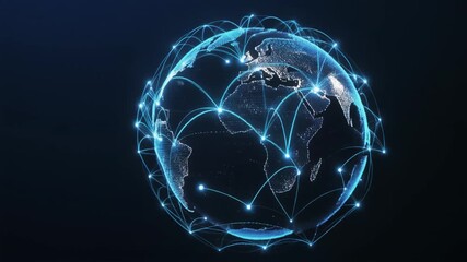 A futuristic 3D digital globe of Earth glowing with countless illuminated data points and network connections across continents. The planet is shown at night, with bright streams of light formed. - Powered by Adobe