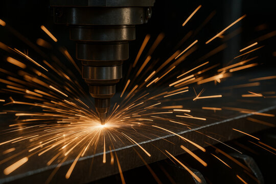 CNC machine cutting metal with sparks flying, industrial detail