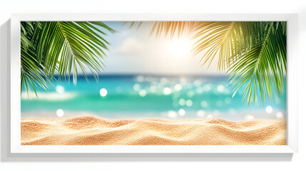 Tropical Beach Scene Framed Art Palm Leaves Ocean Sandy Shore Framed coastal scenery featuring palm fronds framing turquoise waters and golden sand creating a serene beach escape in a white picture